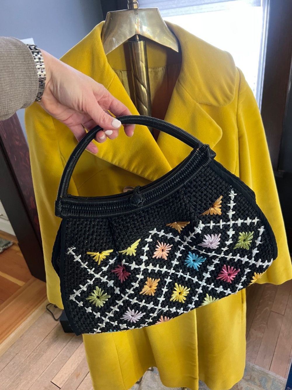 Vintage 60s Woven Raffia Handbag | Black Embroidered Floral Purse MCM Starburst